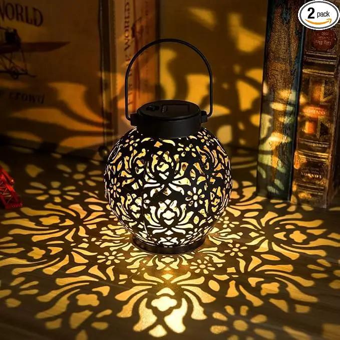 Set of 2 Outdoor Solar Hanging Lantern Lights Metal LED Decorative Lamp for Garden Patio Courtyard Lawn and Table with Hollowed-Out Design (Antique Bronze) by GreenHaven Gardens