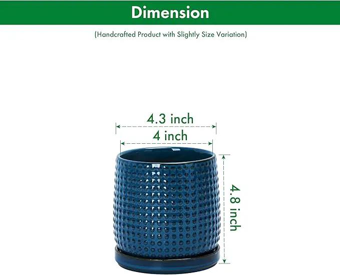 D'vine Dev Set of 2 Ceramic Plants Pots, 4 Inch Beaded Stoneware Flower Pot for Plants with Drainage Hole and Saucer, Midnight Blue, 27-E-Z-3 by GreenHaven Gardens