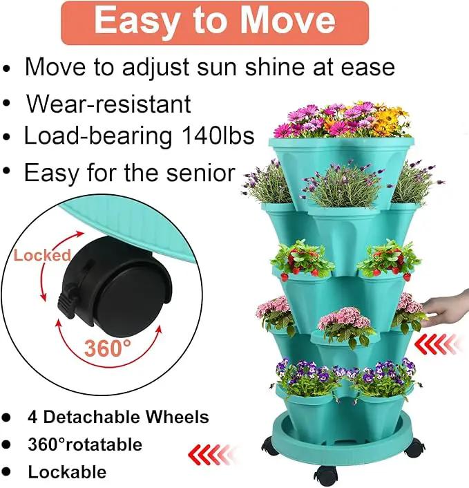 DUNCHATY Stackable Vertical Garden Planter with Wheels, 5 Tier Herb Planter Pots for Growing Vegetables and Succulents, Teal by GreenHaven Gardens