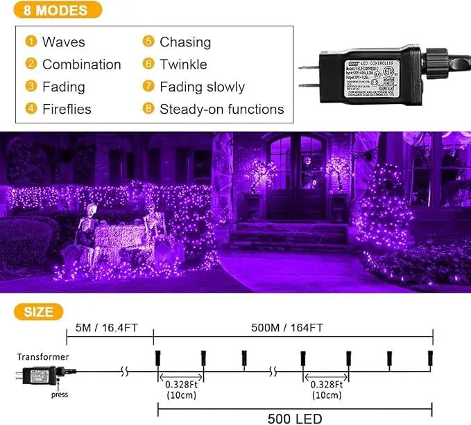 weillsnow 164FT 500 LED Purple Christmas Lights, 8 Modes Waterproof Plug in String Lights for Halloween Christmas Indoor Outdoor Yard Party Wedding Garden Home Decorations (Purple, 164FT) by GreenHaven Gardens