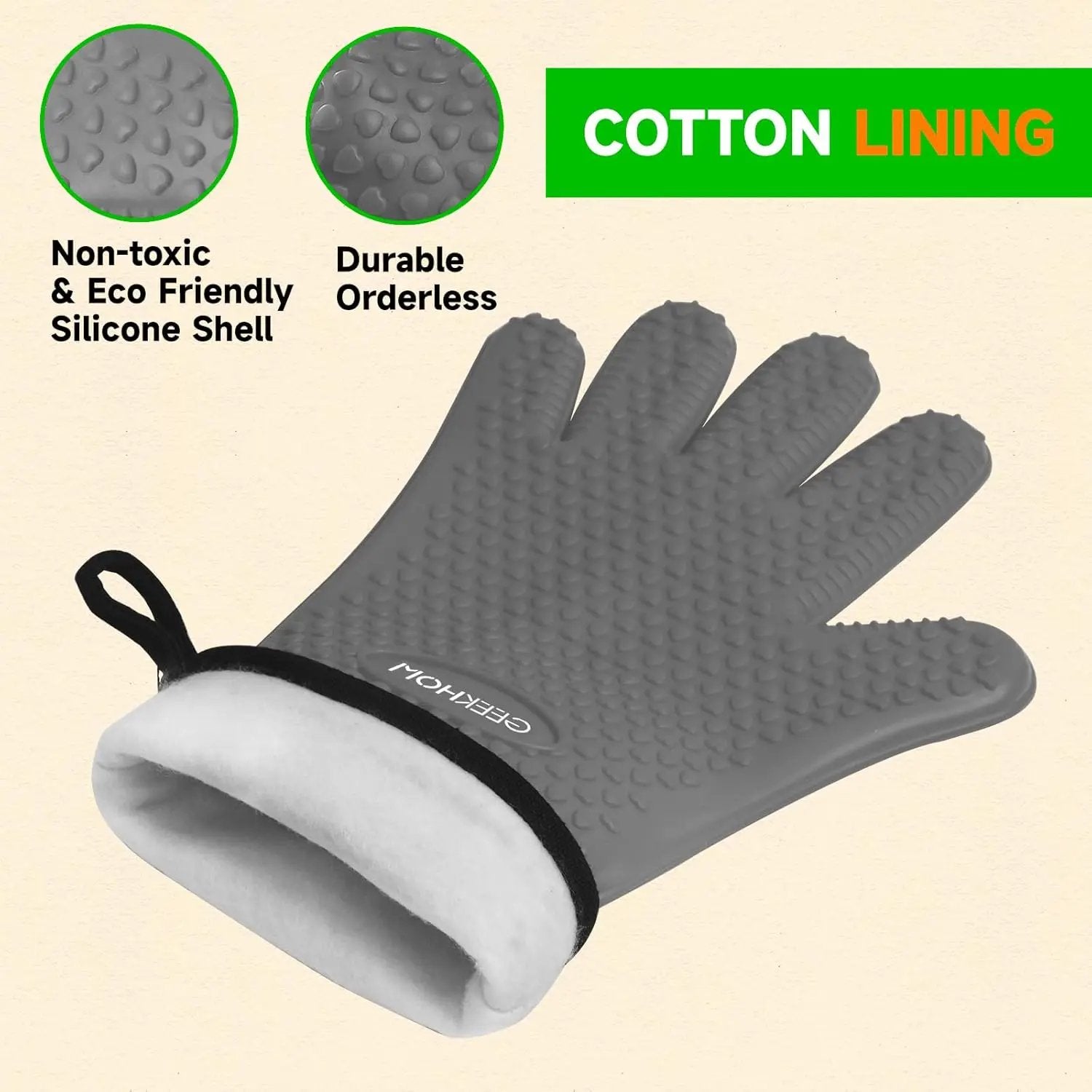 GEEKHOM BBQ Gloves Heat Resistant Oven Mitts - Silicone Grilling Gloves with 13.7" Arm Protection - Waterproof Pot Holder Non-Slip for Men & Women, Kitchen Outdoor Cooking, Baking, Camping, Light Gray by GreenHaven Gardens