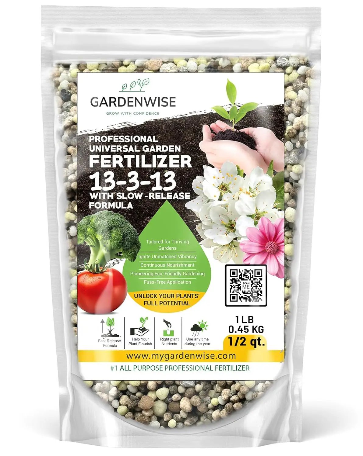 Professional Universal Garden Fertilizer 13-3-13 with Slow-Release Formula (0.5 Quart) by GreenHaven Gardens