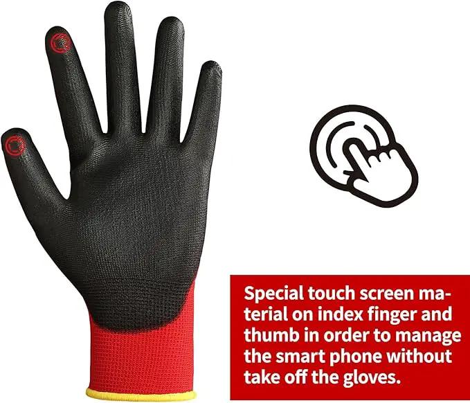 DULFINE Safety Work Gloves PU Coated for Men and Women-12 Pairs,Red Seamless Knit Glove with Two Fingers Touchscreen,Ideal for General Duty Work (Medium) by GreenHaven Gardens