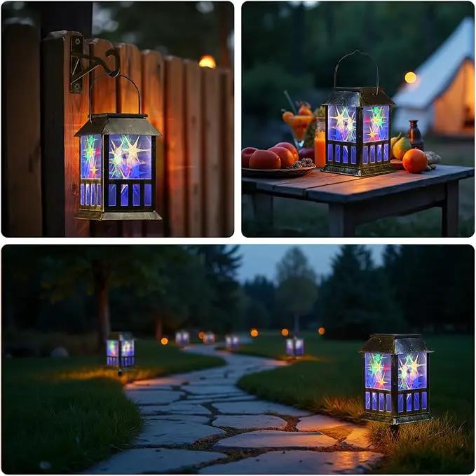 Solar Lanterns Outdoor Waterproof, 3D Star Lantern Light with Flashing Mode, Solar & USB C Charging, Metal Hanging Lantern for Wall Landscape Yard Patio Garden Driveway, RGB Light 2 Pack by GreenHaven Gardens
