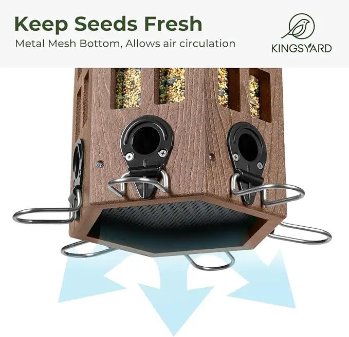 Kingsyard Wild Bird Feeder for Outdoor Hanging, Recycled Plastic Bird Feeders with 6 Ports & U-Shape Perch, Garden Yard Outside Decoration, 3.5 lbs Seed Capacity, Brown by GreenHaven Gardens