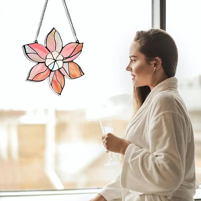 Stained Glass Window Hanging - Double-Layered Tiffany Flowers Suncatchers for Windows Hanging,Floral Sun Catcher for Plant Lovers Mothers Day Anniversary Love Gift by GreenHaven Gardens