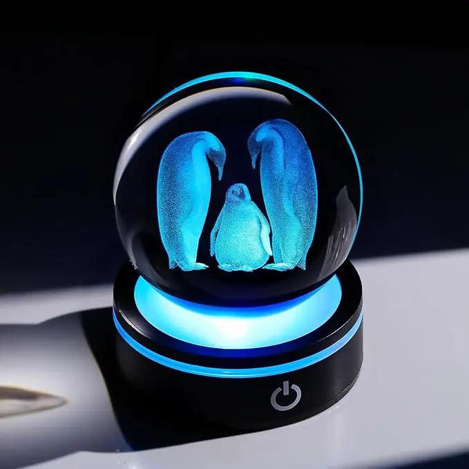 YWHL 3D Crystal Ball Penguin Figurine with LED Base Laser Penguins Gifts for Women Men on Christmas Birthday Decorative Penguin Statue Ball Glass Animals Globe Night Light for Home Decor (80mm) by GreenHaven Gardens