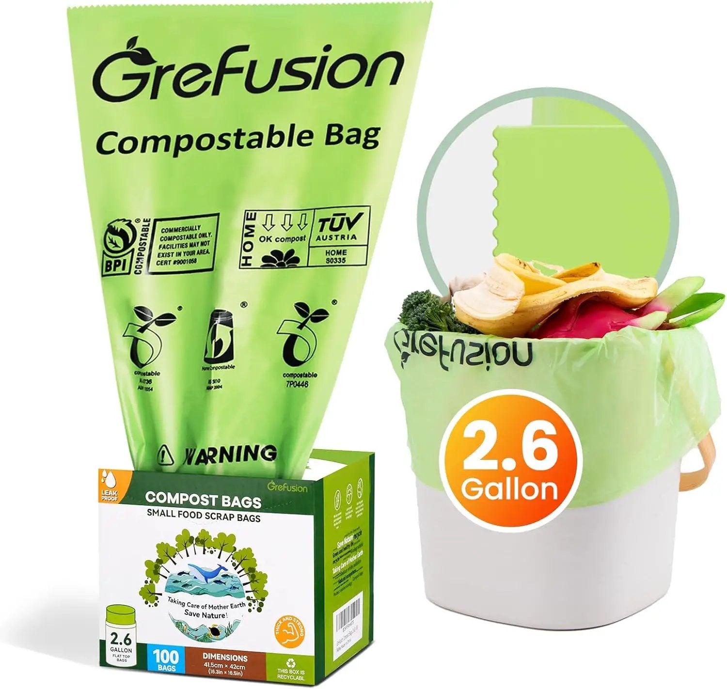 2.6 Gallon Compostable Trash Bags, 100 Count, Extra Thick 0.71 Mil, Certified by BPI and ASTM D6400, Perfect Fit for Small Trash Cans by GreenHaven Gardens