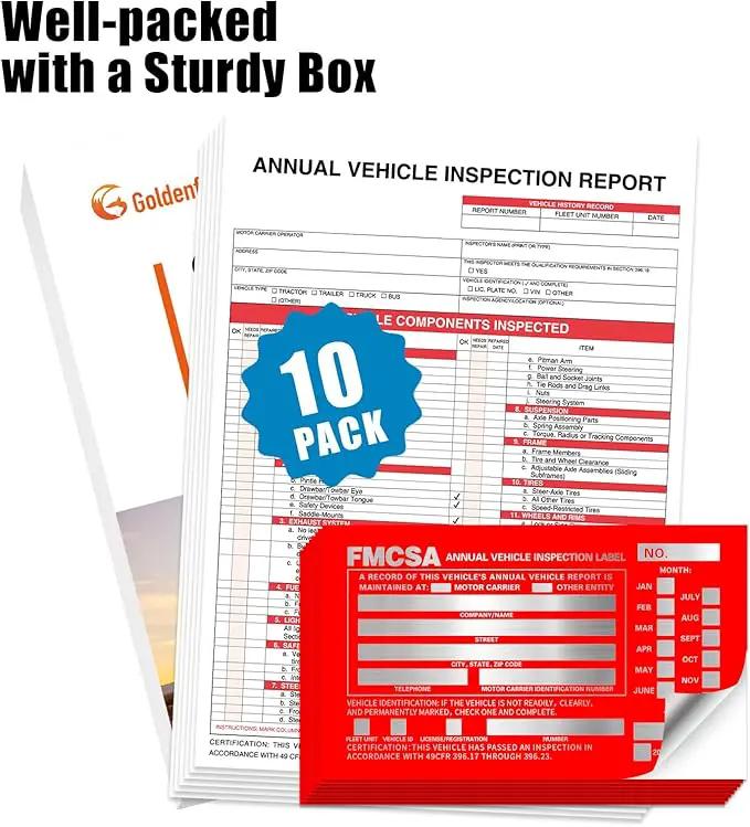 Goldenfox DOT Inspection Forms and Stickers,10-Pack,3-Ply Carbonless Annual Vehicle Inspection Report Form(8.5" x 11.75) with Red Exterior Aluminum Inspection Label(6"x3.5"), Permanent Adhesive. by GreenHaven Gardens