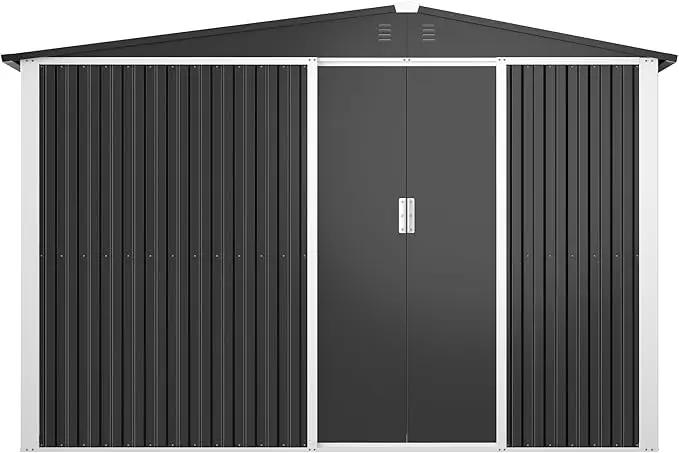 Metal Outdoor Storage Shed 10FT x 6FT with Firewood Storage, Steel Utility Tool Shed Storage House with Sliding Door, Metal Sheds Outdoor Storage for Backyard Garden Patio Lawn, Black by GreenHaven Gardens
