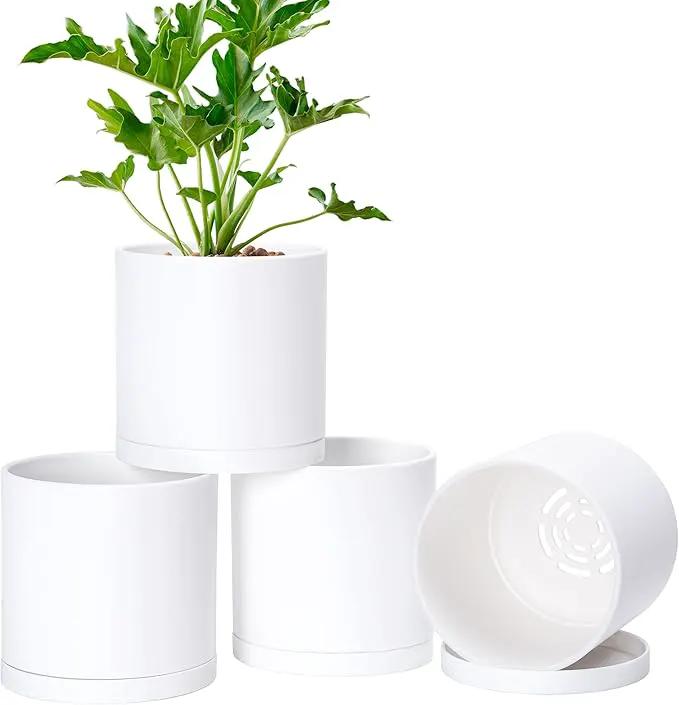 D'vine Dev 4 Pack 6 Inch Modern Plastic Plant Pots, Small Garden Planters for Plant with Drainage Holes and Saucers, White Color, 74-Z-J-2 by GreenHaven Gardens