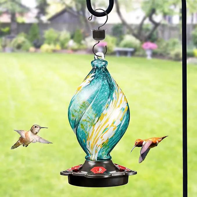 LUJII Ice Cream Shaped Spiral Hummingbird Feeder for Outdoors Hanging, Hand Blown Glass, 28 fl.oz, Leak Proof & Rustproof, Includes an Ant Moat with Hook, Unique & Stylish Glass Art & Decor (Teal) by GreenHaven Gardens