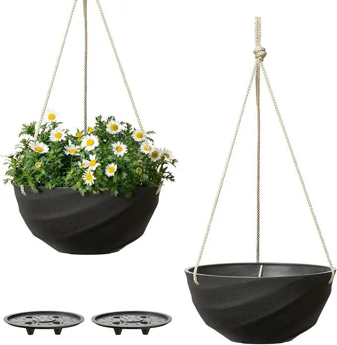La Jolie Maison 10 Inch Hanging Planters for Indoor Plants, Outdoor Garden Planter Pots with Self-Watering Tray, Jet Black, Spiral Pattern, Set of 2 by GreenHaven Gardens