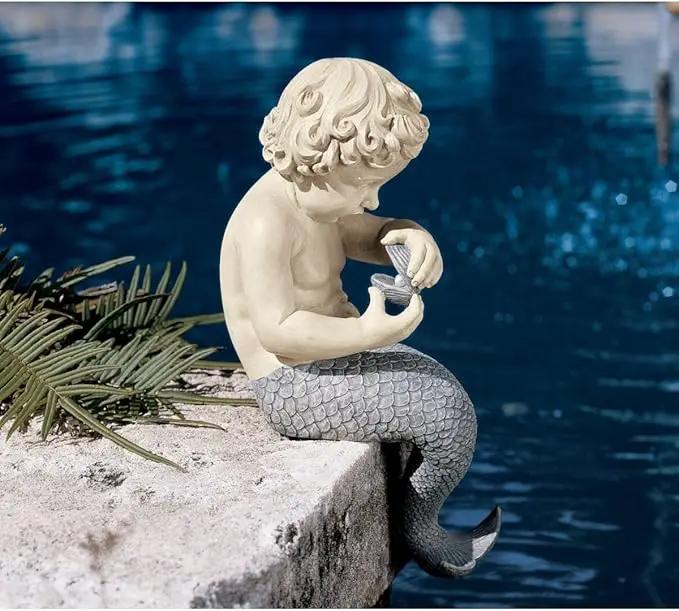 Design Toscano Ocean's Little Treasures Sitting Mermaid Garden Statue, 15 Inch, Resin, Faux Two Tone Stone Finish by GreenHaven Gardens
