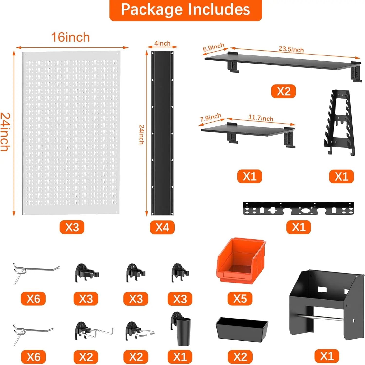 TORACK Pegboard Wall Organizer 4 ft. Garage Metal Pegboard Tool Organizer System, Tools Storage Peg Board Kit with Hooks and Accessories, Wall Mounted Storage Bins, Overhead Shelves by GreenHaven Gardens