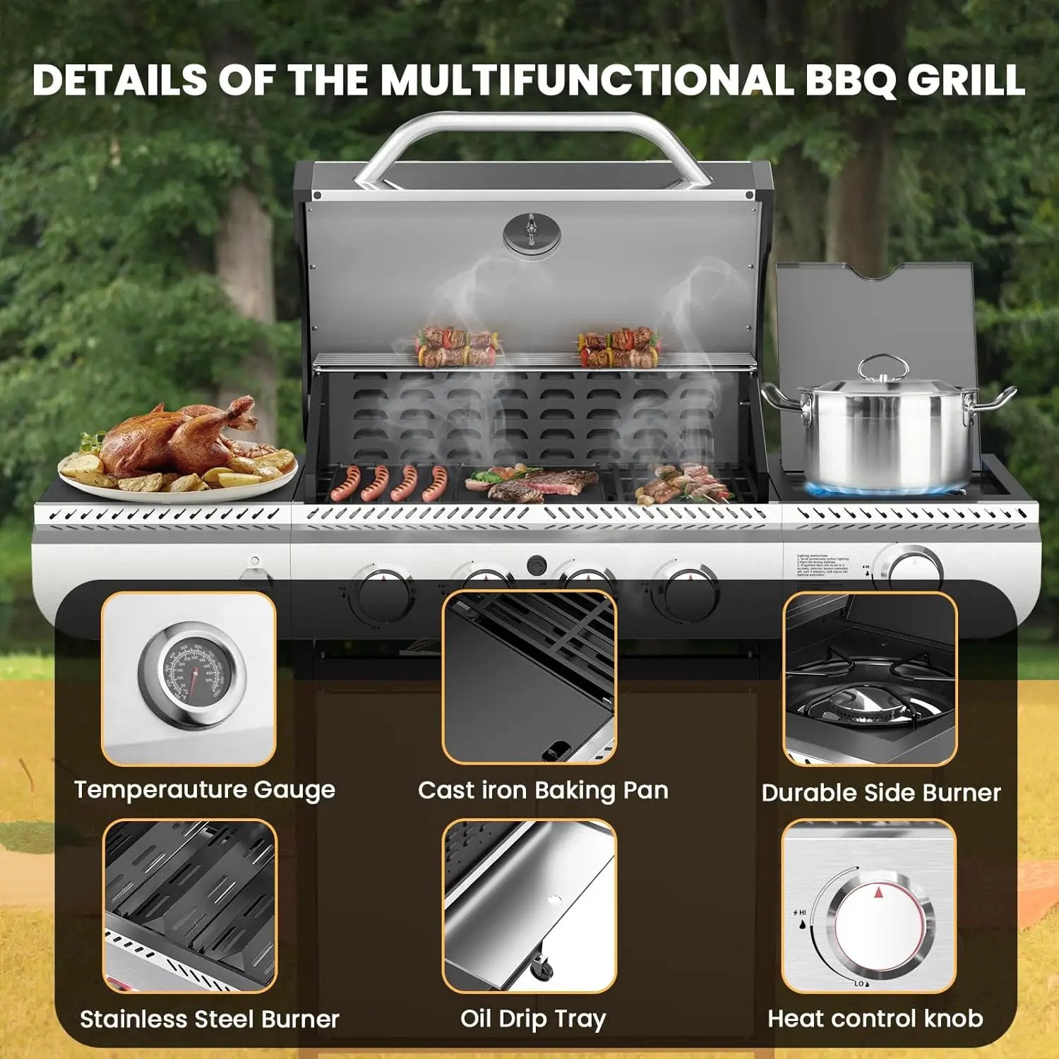 G41 Gas Grill,4-Burner Gas BBQ Grill with Side Burner, Porcelain-Enameled Cast Iron Grates, Baking Pan, 42,000 BTU Stainless Steel Propane Grill for Outdoor Cooking and Patio Barbecues by GreenHaven Gardens
