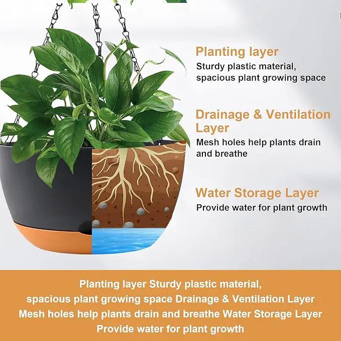 10 inch Plant Pot Hanging Planters Self Watering Pots for Indoor Plants, 3 Pack Plastic Hanging Basket with Removable Tray for Home Garden Porch Balcony Patio Decor(Black) by GreenHaven Gardens