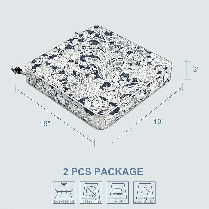 LVTXIII Patio Chair Cushions 19"x19"x3", Water-Repellent Outdoor Seat Cushions for Patio Furniture, Square Chair Pads with Ties for Home Garden Decoration, Set of 2, Damask Lapis by GreenHaven Gardens