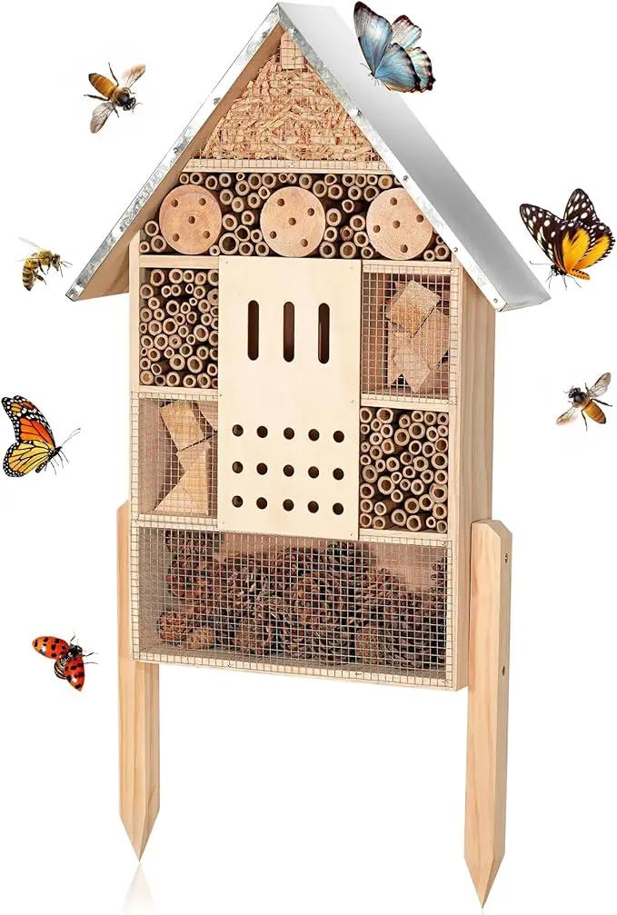 antiai Extra Large Wooden Insect House with Stakes,Wood Mason Bee Butterfly House,Insect Hotel,an Outdoor Bamboo Habitat for Ladybugs Live,Bee Box,Butterfly Habitat for Garden and Yard,30" H x15 W by GreenHaven Gardens