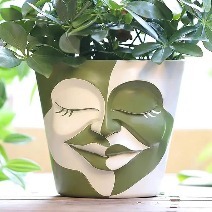 GUGUGO Face Planters Pots with Drainage, Flower Plant Pots for Indoor Plants, Unique Funny Small Succulent Desk Vase for Plant Lover Gifts (Bicolor-Green & White, 5.5Inch) by GreenHaven Gardens