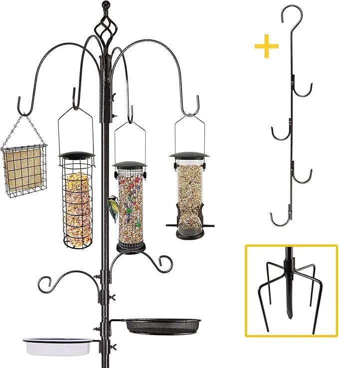 Bird Feeder Station with Suet Cage & Water Bowl Fruit Hook- Adjustable Pole, 6 Hanging Hooks for Wild Birds, Outdoor Garden Bird Feeding Kit by GreenHaven Gardens