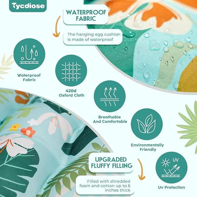 Egg Chair Cushion Replacement, Waterproof Outdoor Hanging Egg Swing Chair Cushions Pads, U-Shaped Thickened Cushions for Hanging Eggs Chair with Ties, 47x33x7 Inches (Cyan Floral Leaf) by GreenHaven Gardens