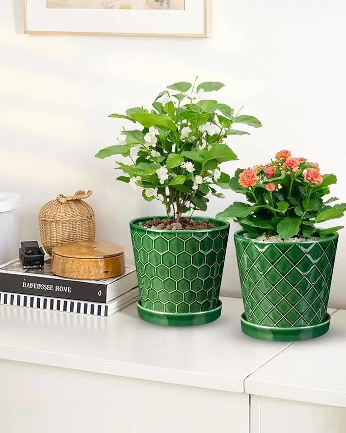 EFISPSS 6 Inch Plant Pot,Ceramic Pots for Plants with Drainage,Flower Pots Indoor Pots for Plants, Modern Flower Pots for Home and Office,Set of 2 - Patina by GreenHaven Gardens