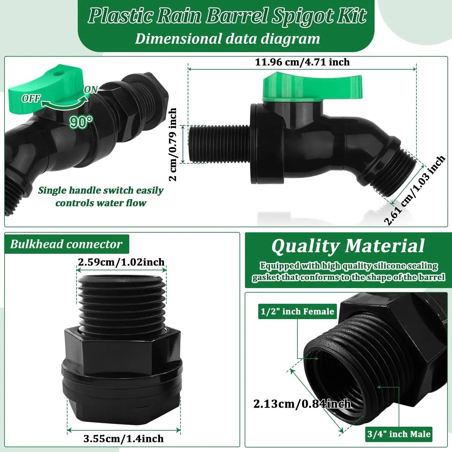 Plastics Rain Barrel Spigot Kit High Flow Valve Core Water Tank Faucet+PVC Bulkhead Fitting 1/2" NPT to 3/4" GHT Rain Barrel Spigot for Plastic Bucket Rainwater Drum Container Downspout Collector in by GreenHaven Gardens