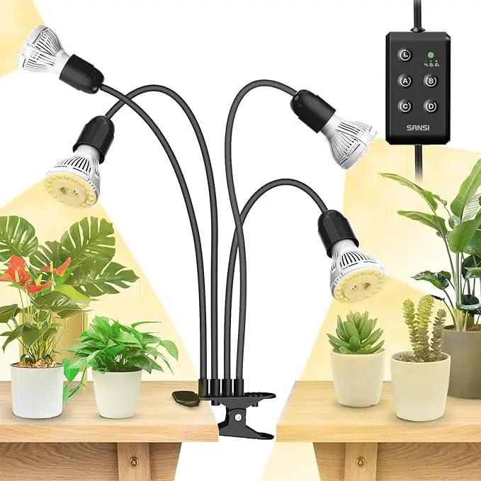 SANSI LED Grow Lights for Indoor Plants, Lifetime Free Bulb Replacement, 600W Full Spectrum 4-Gooseneck Clip Plant Grow Light, Plant Light with Timer 4/8/12 Hrs, High PPFD Growing Power Grow Lamp by GreenHaven Gardens
