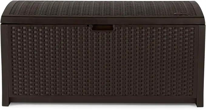 Suncast Outdoor Storage Box - 73 Gallon Mocha Brown Deck Box for Patio, Waterproof Outdoor Storage Bench, Resin Wicker Style, Heavy-Duty, Lockable Lid for Cushions, Shoes, Pool & Garden Gear by GreenHaven Gardens