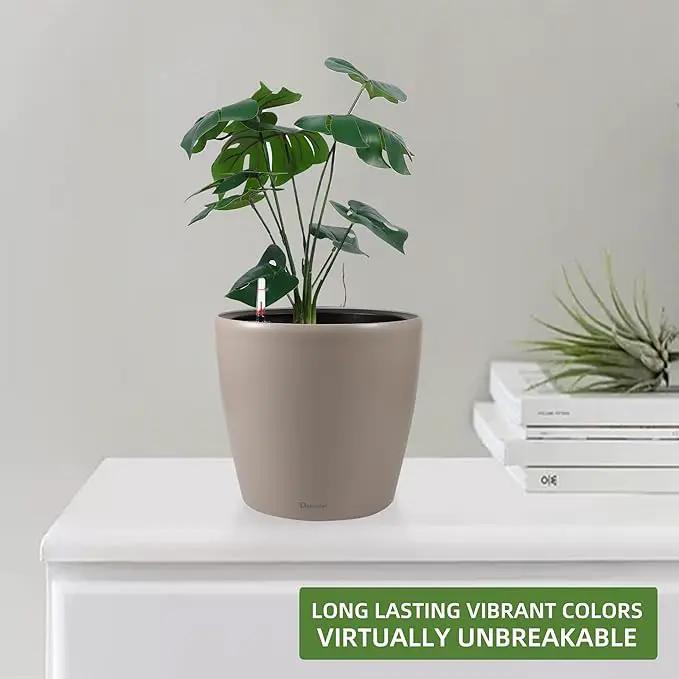 Dexceder 9x8 Inches Self Watering Planter Indoor Outdoor, Inner Pot Design, Thickened Table Flower Plant Pot with Water Level Indicator (Taupe Matte) by GreenHaven Gardens