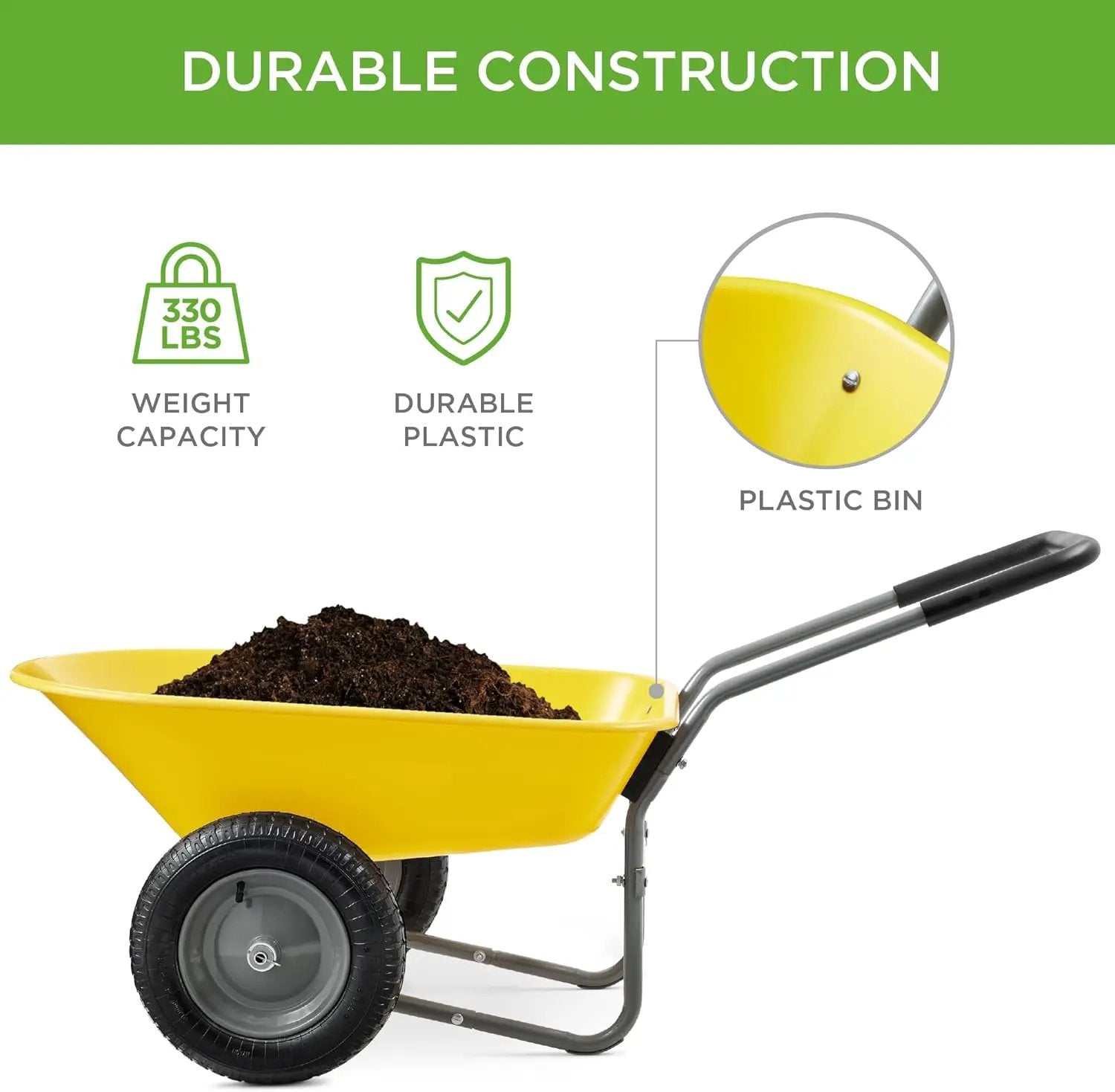 Best Choice Products Dual-Wheel Home Utility Yard Wheelbarrow Garden Cart w/Built-in Stand for Lawn, Gardening, Construction - Yellow by GreenHaven Gardens