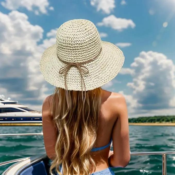 Womens Straw Beach Sun Hats, Foldable Packable Floppy Handmade Crochet Hats for Women,Large Summer Vacation Wide Brim Hat by GreenHaven Gardens