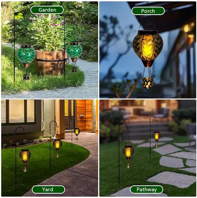 Green Leaf Hot Air Balloon Solar Lantern with Flickering Flame Light,Glass Hanging Solar Lanterns Outdoor Waterproof Hot Air Balloon Decor for Patio Party Yard Tree,Garden Gifts for Women Mom by GreenHaven Gardens