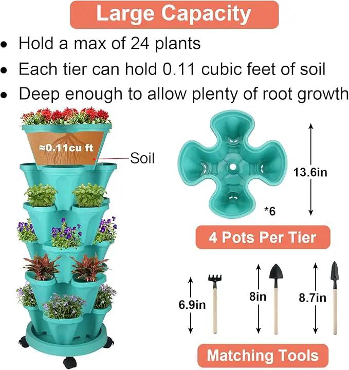 Vertical Planter 6 Tier Stackable Planters Garden Planters Strawberry Herb Flower and Vegetable Planter Indoor Outdoor Gardening Pots with Removable Wheels and Tools by GreenHaven Gardens