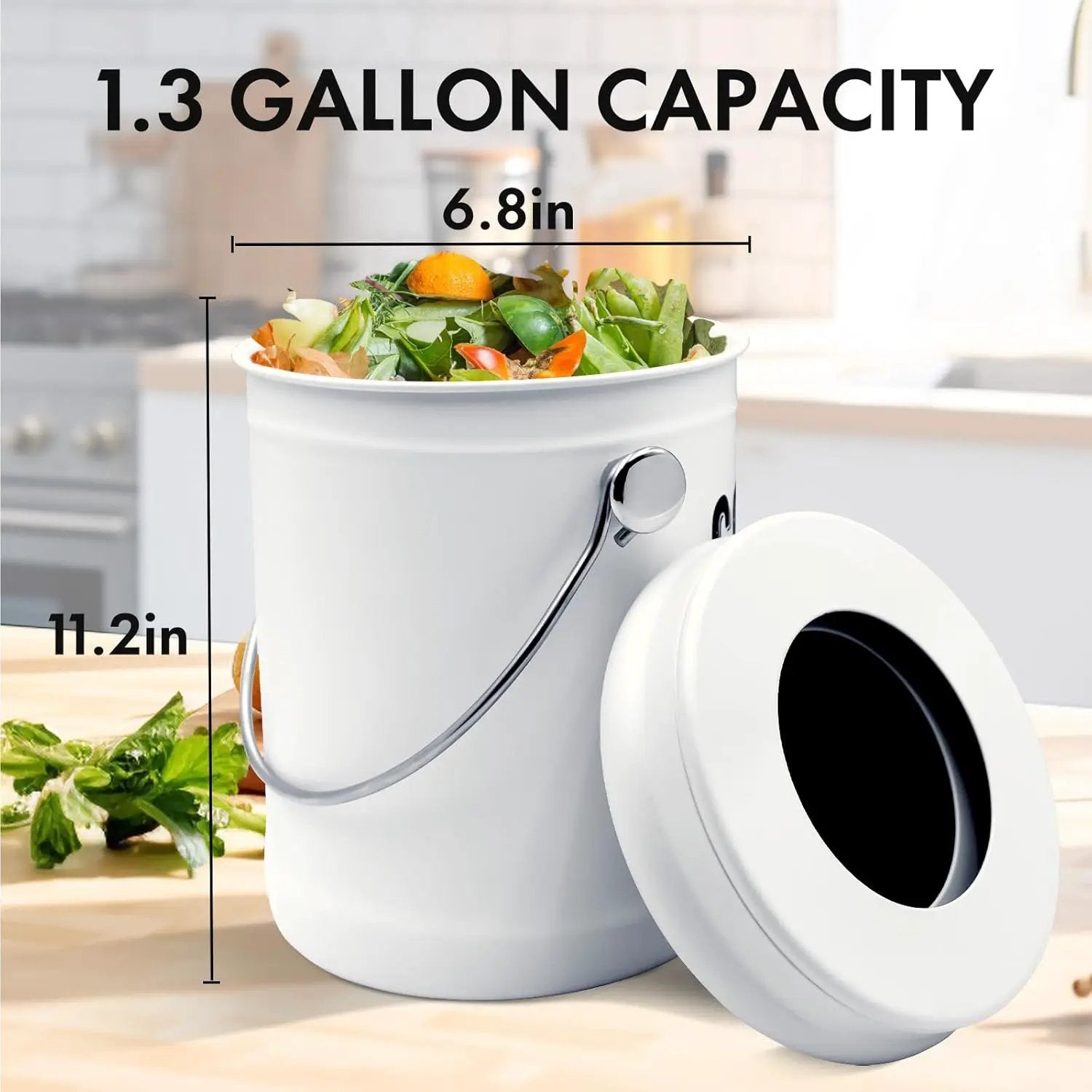 Compost Bin Kitchen, ENLOY Countertop Compost Bin with Lid Use for Kitchen Food Waste, Powder Coated Rust Proof Odorless Compost Bucket, 1.3 Gallon, White by GreenHaven Gardens