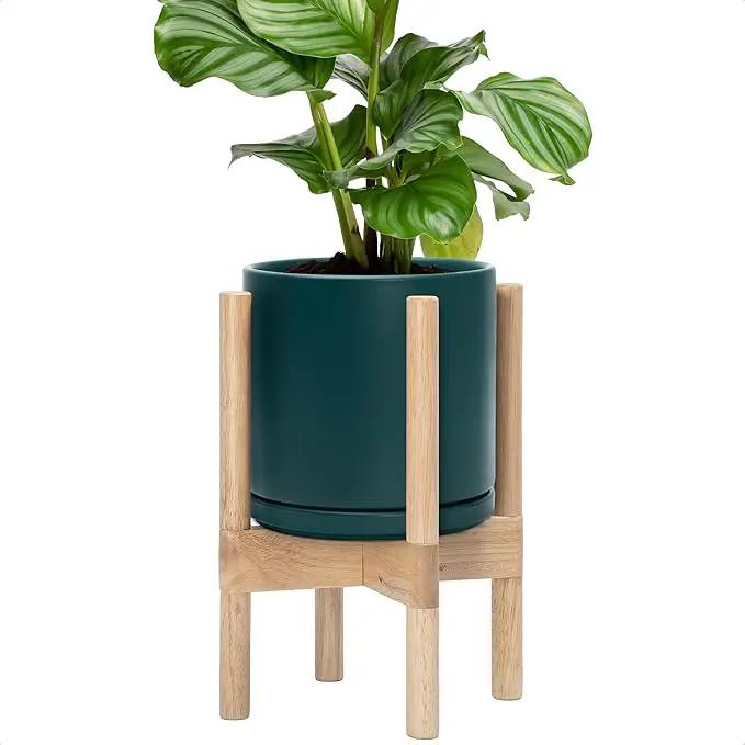 D'vine Dev Ceramic Planter with Natural Stand - 8 Inch Modern Round Flower Pot with Wood Planter Holder, Teal, 55-B-N-4 by GreenHaven Gardens