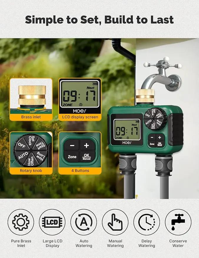 MOES 2 Outlet Sprinkler Timer, Brass Inlet, Programmable Automatic Irrigation Controller, Rain Delay, Manual Watering, 2 Zone Water Hose Timer for Gardens, Lawns, and Hose Systems by GreenHaven Gardens