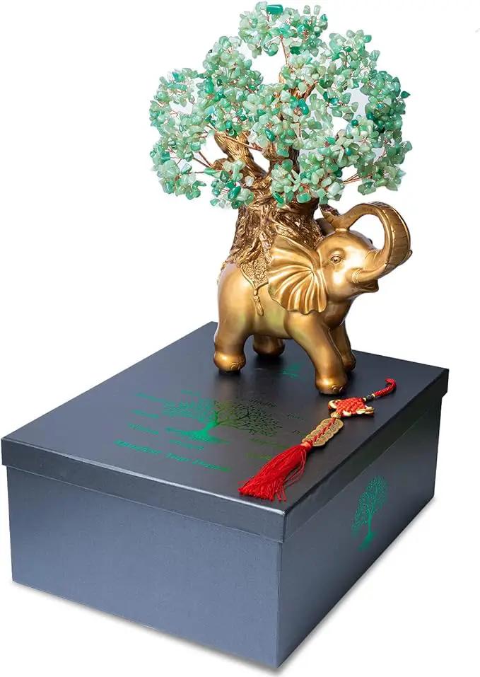 Green Aventurine Crystal Money Tree on Gold Elephant Statue, 17”Large Gemstone Bonsai Tree of Life Home Décor Gifts for Wealth Positive Energy, Feng Shui Décor by GreenHaven Gardens