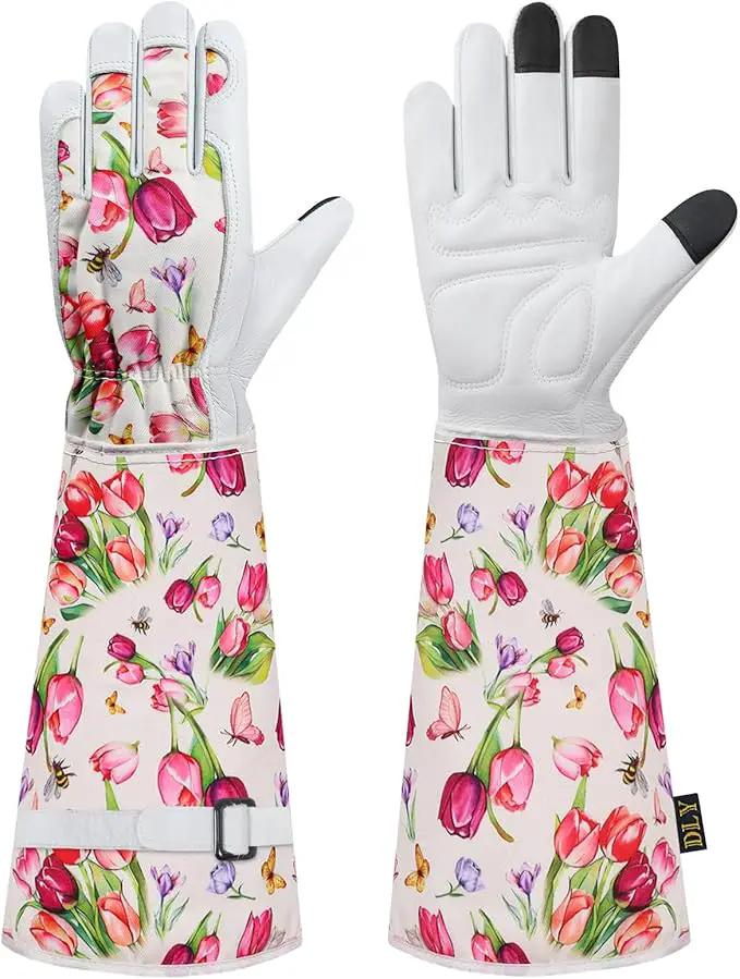DLY Gardening Gloves for Women, Rose Gloves Gardening Thorn Proof, Long Garden Gloves for Women, Breathable Cowhide Leather Gauntlet(Medium,White) by GreenHaven Gardens