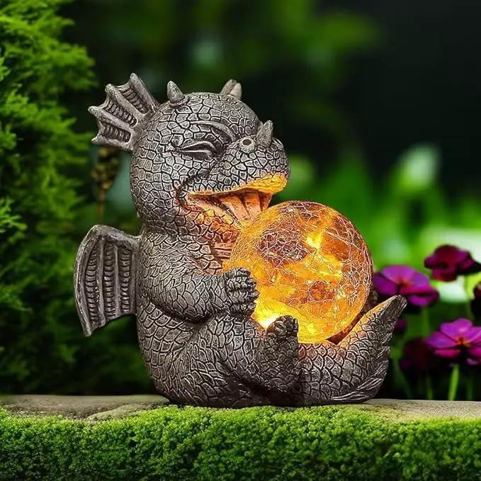 Garden Dragon Statue Outdoor Decor, Baby Resin Figurine Holding Magic Orb With Solar LED Lights, 7.1" for Patio, Lawn & Yard, Summer Gift for Mom by GreenHaven Gardens