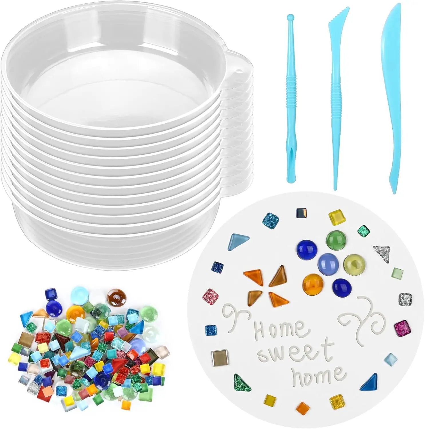 24 Pcs Stepping Stone Kit Includes Round Concrete Mold, Mosaic Tiles and Carving Tools, DIY Craft Handmade Stepping Stone Kit for Kids, Family, Garden Outdoor Decor (No Concrete Mix) by GreenHaven Gardens