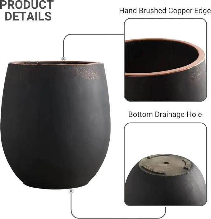 17.7"+13.3"+9.5" Dia Round Concrete Planter Set of 3, Large Outdoor Planter, Black with Gold Rim, Flower Pots with Drainage Holes for Garden, Patio, Home, Office by GreenHaven Gardens