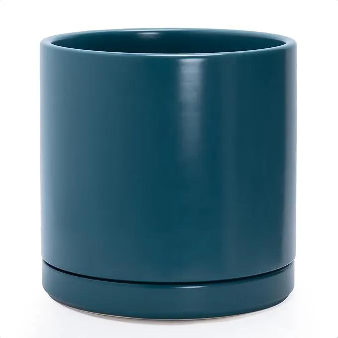D'vine Dev 12 Inch Ceramic Planter Pot with Drainage Hole and Saucer, Indoor Cylinder Round Planter Pot, Teal, 94-O-F-9 by GreenHaven Gardens