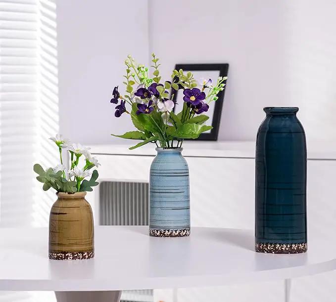 Ceramic Vase Set of 3, Farmhouse Decorative Vase for Pampas Grass, Living Room, Bathroom,Bookshelf, Centerpieces (Blue/Navy Blue/Yellow) by GreenHaven Gardens