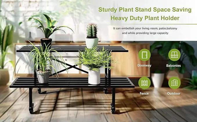 Zhongma 2 Tier Sturdy Metal Plant Stand with Wheels, L35.43 x W17.5 x H16.14 inch, Heavy Duty Plant Holder for Home Indoor and Outdoor,440 LBS Capacity & Heavy Duty Construction by GreenHaven Gardens