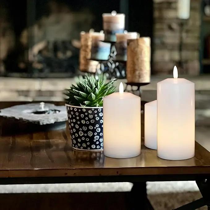 Battery Operated Flameless Candles with 3D Flickering Flame Wick, LED Pillar Candles with Remote Timer, Pack of 3 Real Wax Candles for Wedding Home Decor(White) by GreenHaven Gardens
