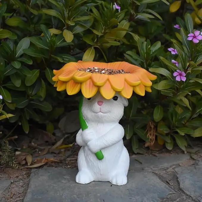Solar Garden Decor Bunny Garden Statue Easter Decorations Outdoor Resin Sunflower Rabbit Statue with Bird Feeder Patio Decor Bunny Figurines with Lights Yard Decorations Easter Gifts for Women by GreenHaven Gardens