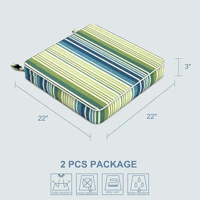 LVTXIII Patio Chair Cushions 22"x22"x3", Water-Repellent Outdoor Seat Cushions for Patio Furniture, Square Chair Pads with Ties for Home Garden Decoration, Set of 2, Stripe Blue Green by GreenHaven Gardens