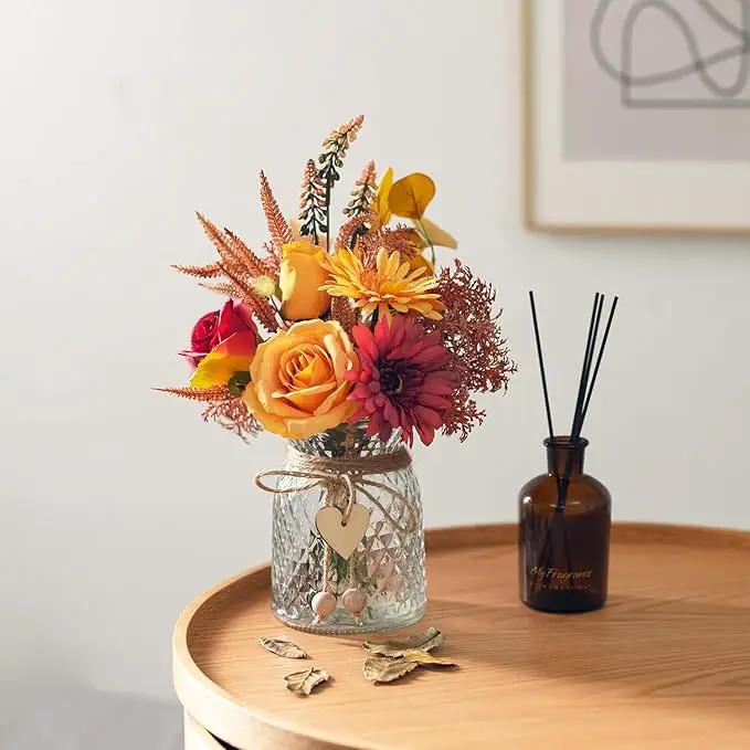 Artificial Flowers with Vase, Faux Silk Flowers Arrangement in Vase, Rustic Home Office Decorations, Farmhouse Dining Table Decor, Coffee Table Centerpiece, Fall Table Plant Decor by GreenHaven Gardens